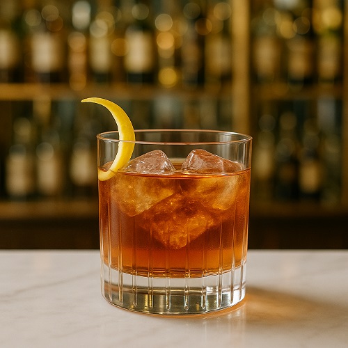 A Vieux Carré cocktail served over ice in a rocks glass, garnished with a lemon twist.